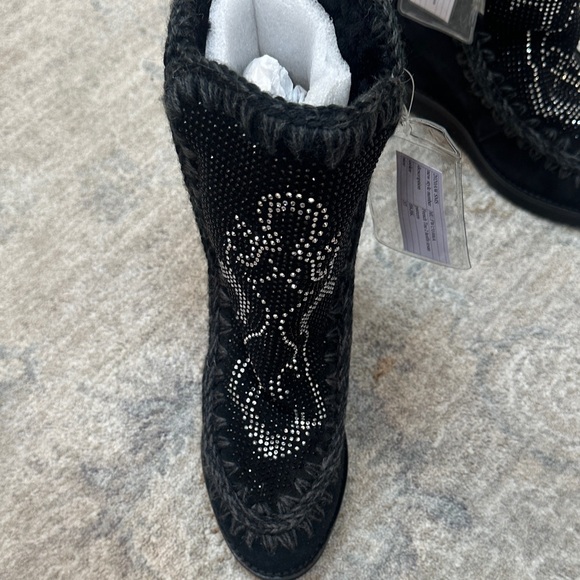 Mou brand- Black Suede Women's Boots with Rhinestone Detail - wedge heel inside - Picture 2 of 8